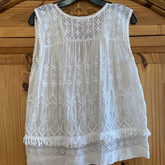 Sheer white embroidered top with fringe. - Picture 3 of 4